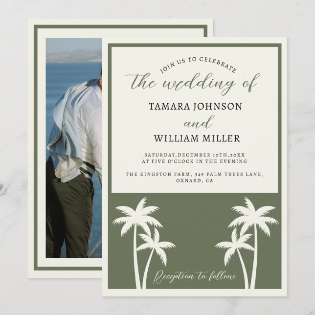 Invitación Palm Trees Tropicales Sage Green Boda Foto (Anverso / Reverso)