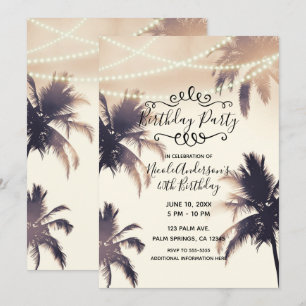 Invitación Palm Trees Tropicales y Luces Crema Fiesta de Cump