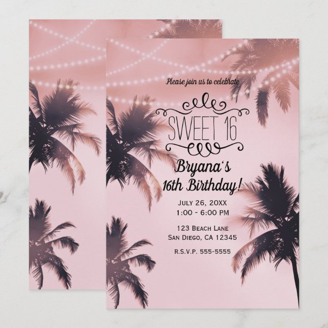 Invitación Palm Trees y Luces Tropicales Beachy Sweet 16 (Anverso / Reverso)
