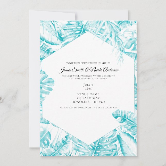 Invitación Palm Tropical Azul Turquesa Blanco Boda (Anverso)