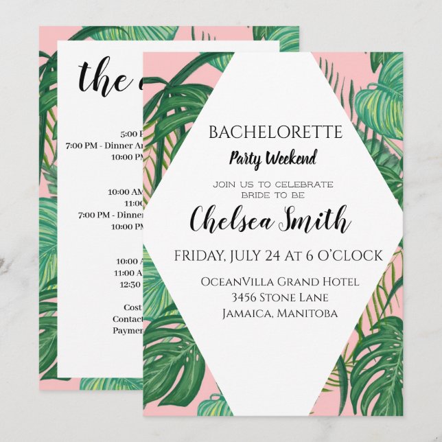 Invitación Palm Tropical Bachelorette Party Itinerario Detall (Anverso / Reverso)