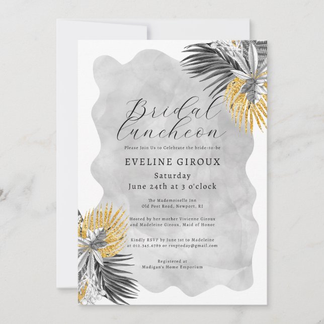 Invitación Palm Tropical Black White Gold Bridal Luncheon (Anverso)