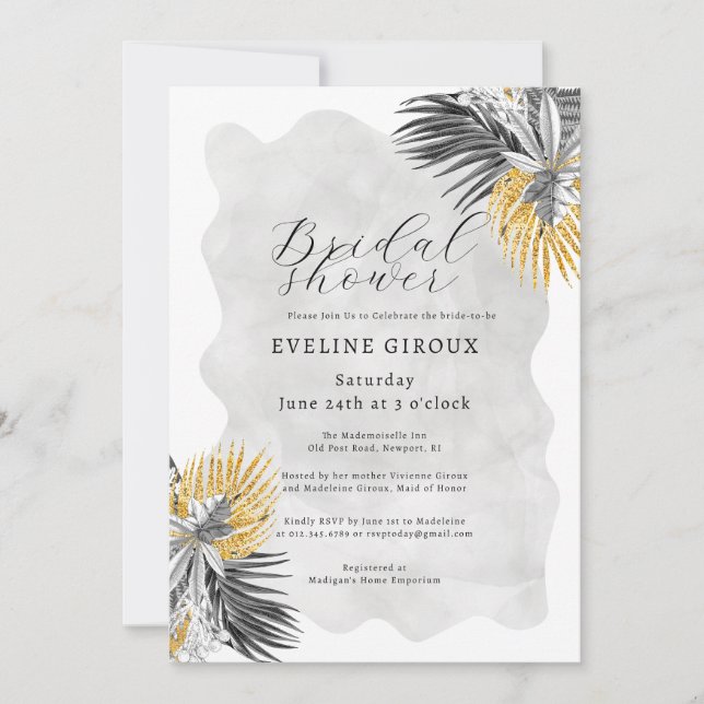 Invitación Palm Tropical Black White Gold Bridal Shower (Anverso)
