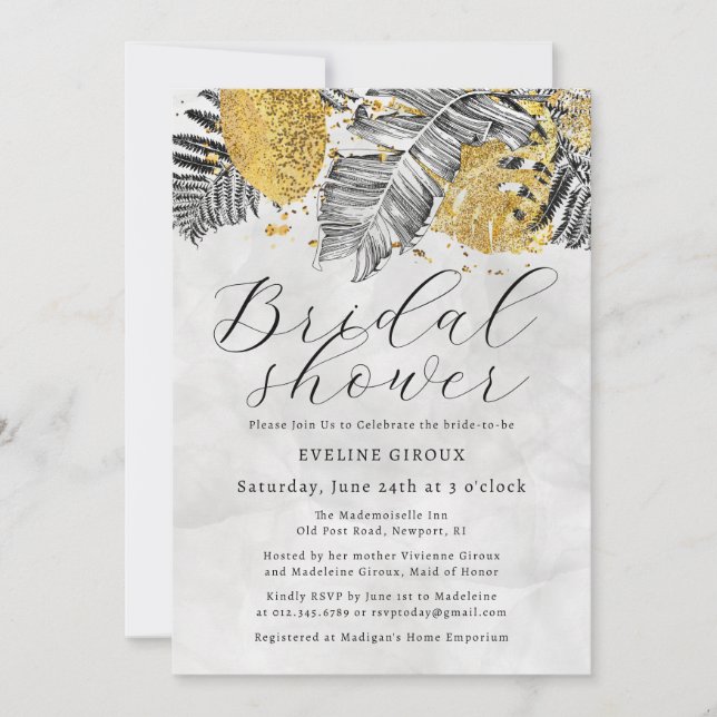 Invitación Palm Tropical Black White Gold Bridal Shower (Anverso)
