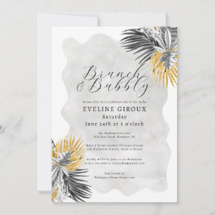 Invitación Palm Tropical Black White Gold Brunch Bubbly