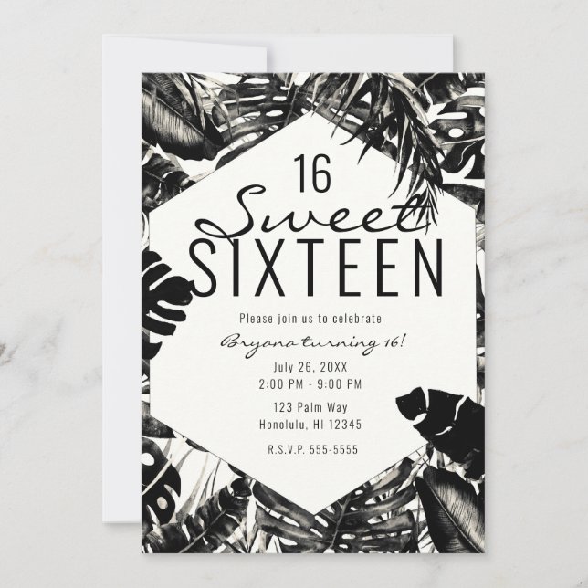 Invitación Palm Tropical Blanco y Negro deja dulce 16 (Anverso)