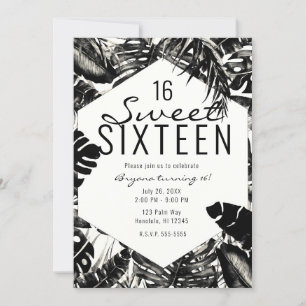 Invitación Palm tropical blanco y negro deja dulce 16