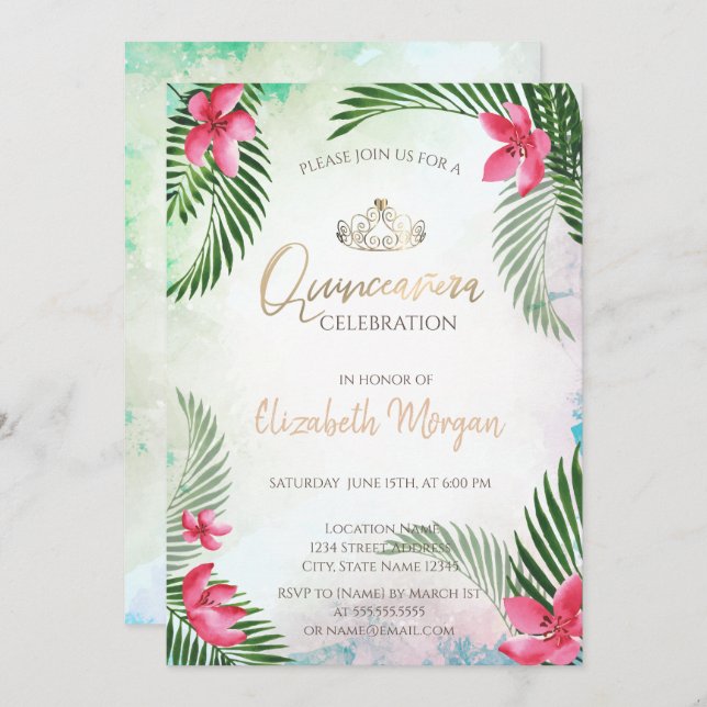 Invitación Palm Tropical Coctel Verano Quinceañera (Anverso / Reverso)