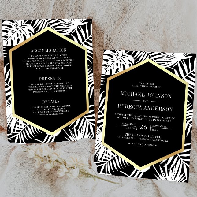Invitación Palm tropical de oro blanco negro todo en un Boda (Subido por el creador)
