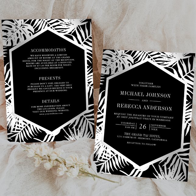Invitación Palm tropical de plata negra todo en un Boda (Subido por el creador)