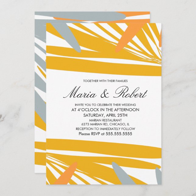 Invitación Palm tropical de verano Resumen Boda gris amarillo (Anverso / Reverso)
