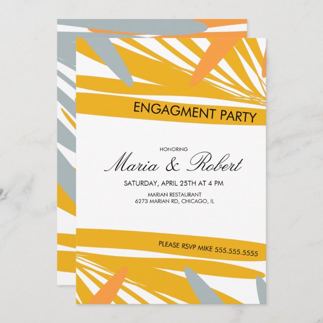 Invitación Palm tropical de verano Resumen Compromiso amarill (Anverso / Reverso)