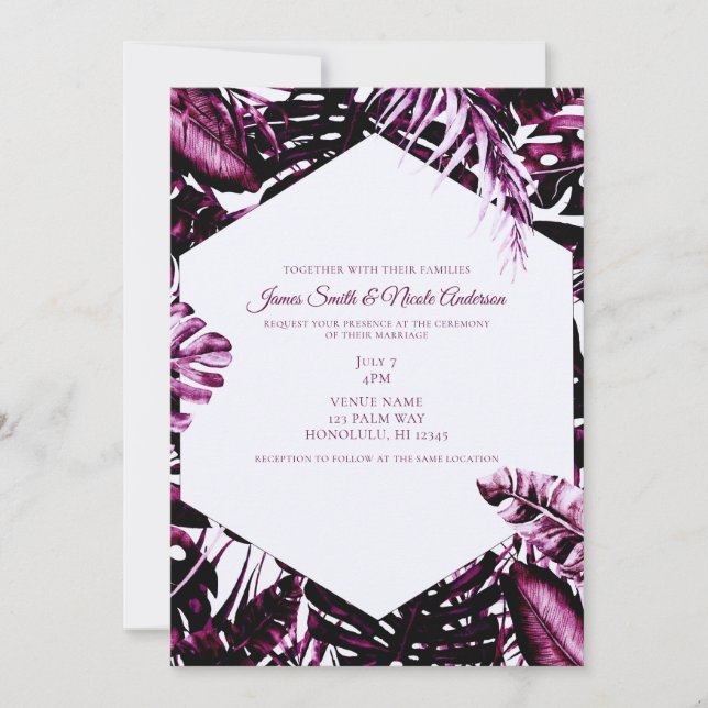 Invitación Palm tropical de vino de Borgoña deja Boda de Moda (Anverso)