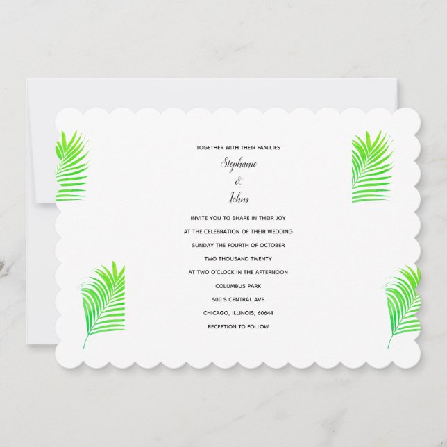 Invitación Palm tropical deja Boda blanco verde Bonito (Anverso)