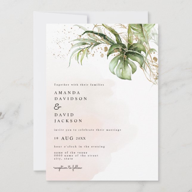 Invitación Palm Tropical deja Boda de oro de playa (Anverso)
