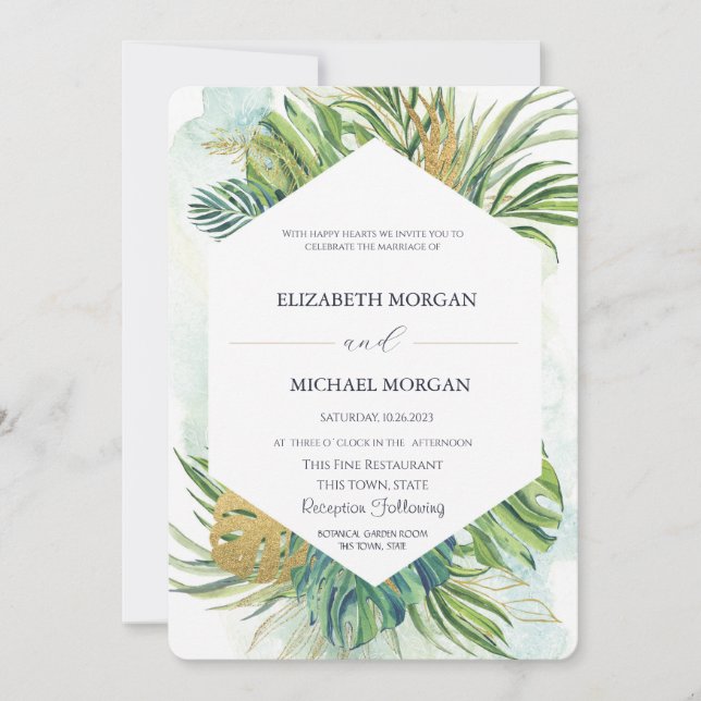 Invitación Palm tropical deja Boda de verano de oro (Anverso)