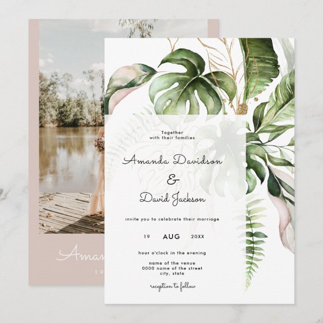 Invitación Palm tropical deja Boda moderno de verano (Anverso / Reverso)