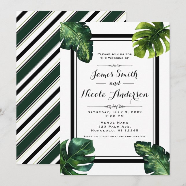 Invitación Palm tropical deja Boda negro verde blanco (Anverso / Reverso)