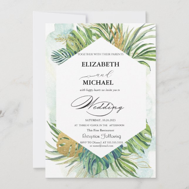 Invitación Palm Tropical deja guión Boda de verano (Anverso)