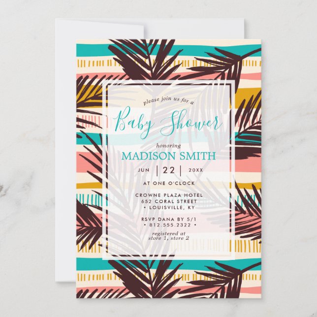 Invitación Palm tropical deja rayas de verano Baby Shower (Anverso)