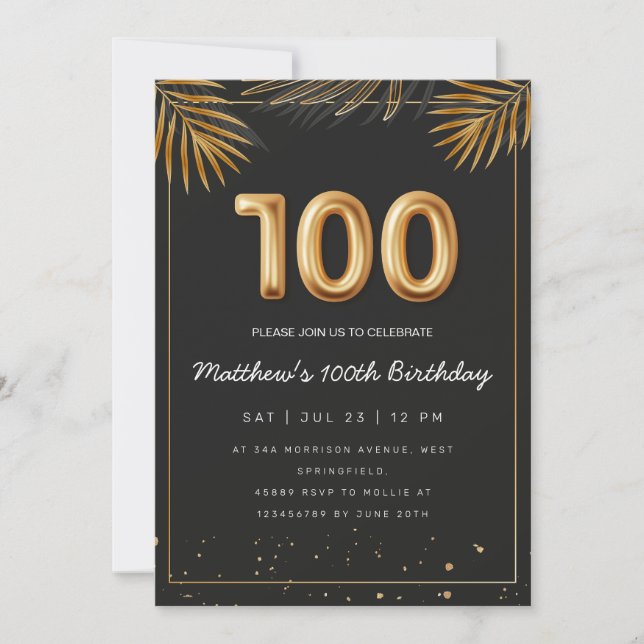 Invitación Palm Tropical Dorada deja 100 cumpleaños (Anverso)