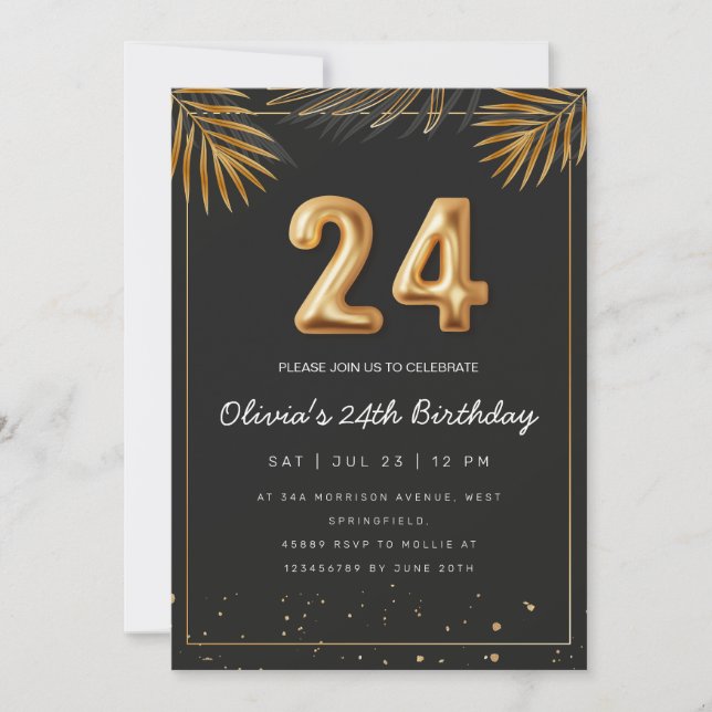 Invitación Palm Tropical Dorada deja 24 cumpleaños (Anverso)