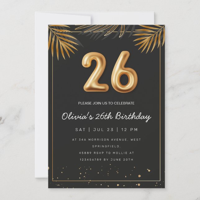 Invitación Palm Tropical Dorada deja 26 cumpleaños (Anverso)