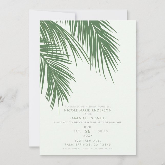 Invitación Palm Tropical Elegante Verde Blanco Boda (Anverso)