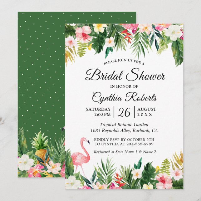 Invitación Palm tropical Flamingo deja ducha de novia floral (Anverso / Reverso)