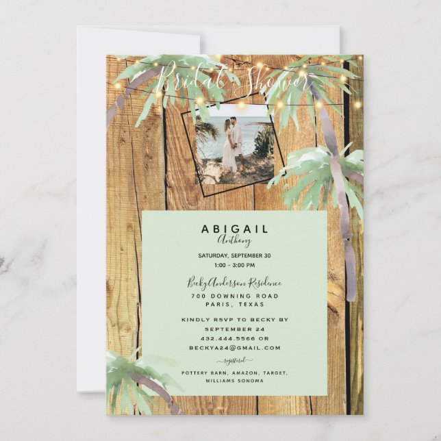Invitación Palm Tropical & Luces Foto Rústica Ducha De Novias (Anverso)