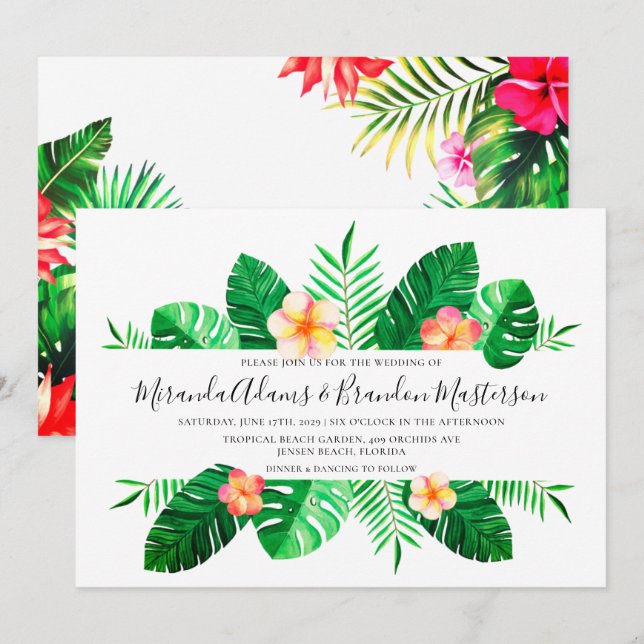 Invitación Palm tropical moderna deja Boda floral (Anverso / Reverso)