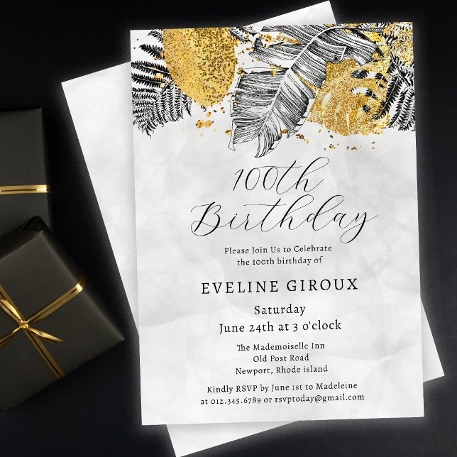 Invitación Palm tropical Oro blanco negro 100 cumpleaños (Need matching tropical palm party supplies? Message me!)