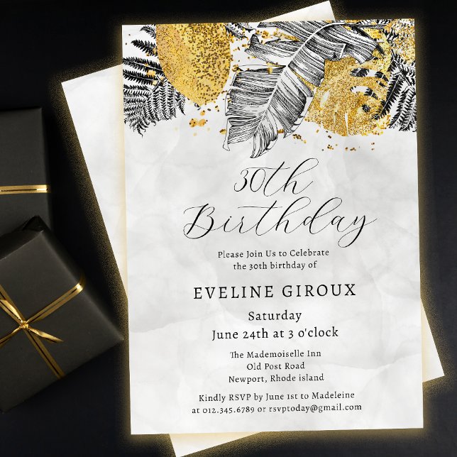 Invitación Palm tropical Oro blanco negro 30 cumpleaños (Need matching black and gold tropical palm party supplies? Message me!)