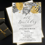 Invitación Palm tropical Oro blanco negro 40 cumpleaños<br><div class="desc">La elegante y moda invitación a la ducha tropical de la palma tropical de la palma de la mano incluye un arreglo superior de hojas de palma dibujadas en línea negra y follaje con textura dorada. La partida de cumpleaños está escrita en un guión moderno y abierto. Un suave y...</div>
