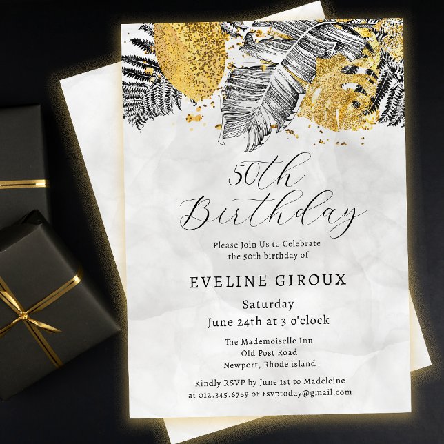 Invitación Palm tropical Oro blanco negro 50 cumpleaños (Need matching black and gold tropical palm party supplies? Message me!)