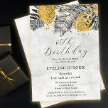 Invitación Palm tropical Oro blanco negro 60 cumpleaños<br><div class="desc">La elegante y moda invitación a la ducha tropical de la palma tropical de la palma de la mano incluye un arreglo superior de hojas de palma dibujadas en línea negra y follaje con textura dorada. La partida de cumpleaños está escrita en un guión moderno y abierto. Un suave y...</div>