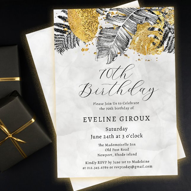 Invitación Palm tropical Oro blanco negro 70 cumpleaños (Need matching black and gold tropical palm party supplies? Message me!)