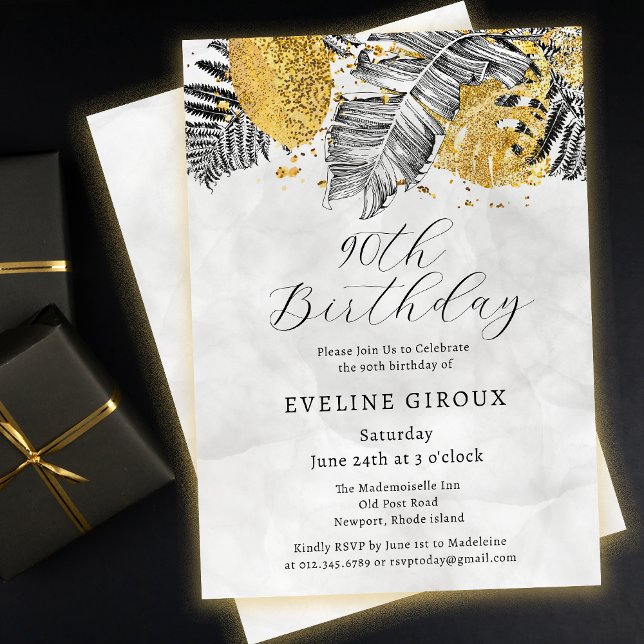 Invitación Palm tropical Oro blanco negro 90 cumpleaños (Need matching black and gold tropical palm party supplies? Message me!)