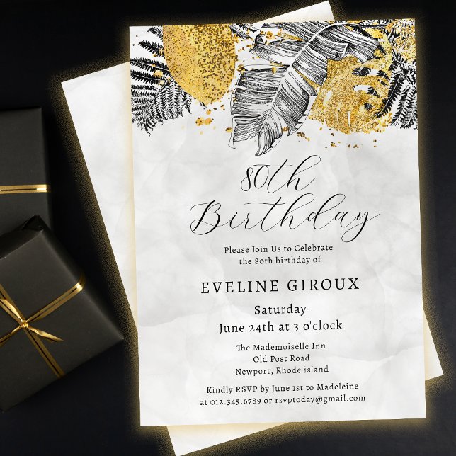 Invitación Palm tropical Oro blanco negro Oro 80 cumpleaños (Need matching black and gold tropical palm party supplies? Message me!)