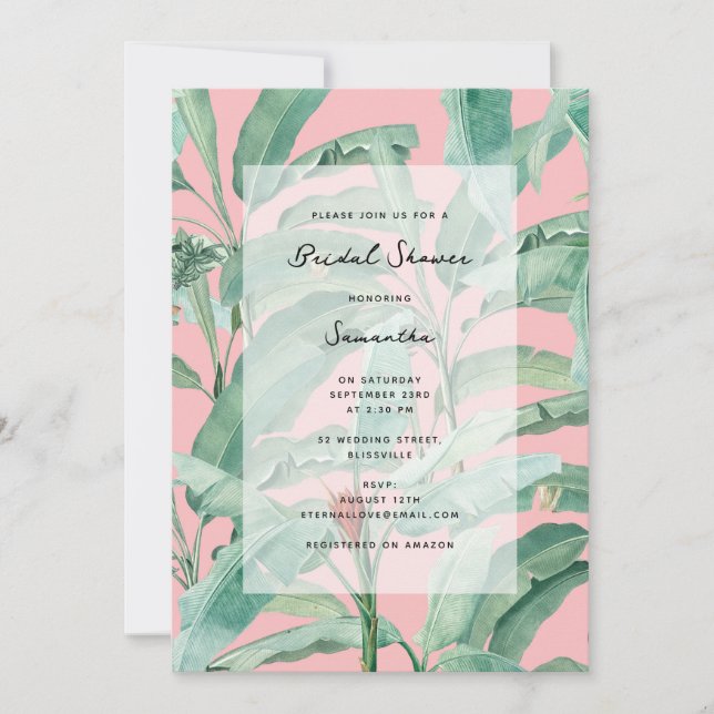 Invitación Palm tropical rosa moderno deja ducha de novia (Anverso)