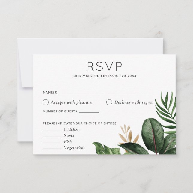 Invitación Palm Tropical Sale Boda Opciones De Alimentos RSVP (Anverso)