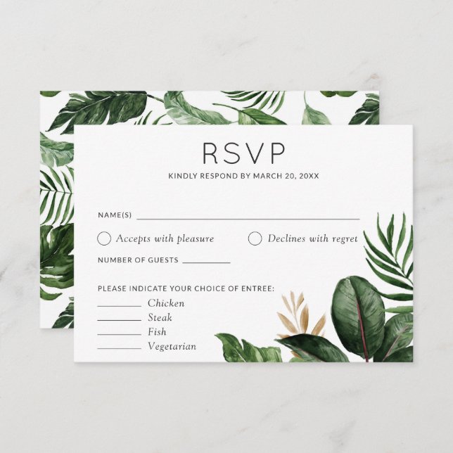 Invitación Palm Tropical Sale Boda Opciones de Alimentos RSVP (Anverso / Reverso)