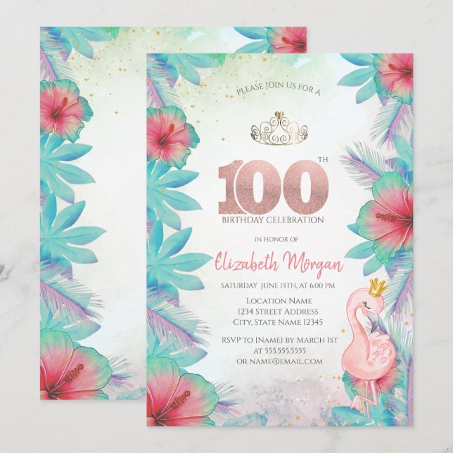 Invitación Palm Tropical Sale de Hibiscus Flamingo Rosa 100 (Anverso / Reverso)