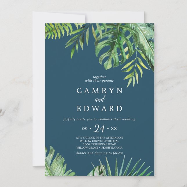 Invitación Palm Tropical Salvaje | Boda Casual Azul de la Mar (Anverso)
