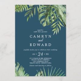 Invitación Palm Tropical Salvaje | Boda Casual Azul de la Mar