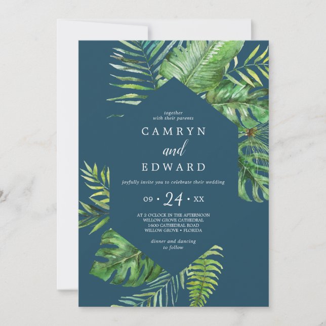 Invitación Palm Tropical Salvaje | Boda Casual de Navy Hexago (Anverso)