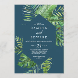 Invitación Palm Tropical Salvaje | Boda Casual de Navy Hexago