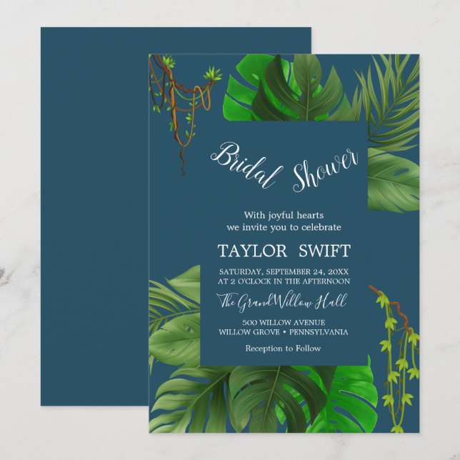 Invitación Palm Tropical Salvaje | Ducha nupcial azul de la M (Anverso / Reverso)