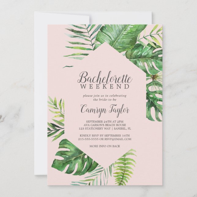 Invitación Palm Tropical Salvaje | Rubor Bachelorette Weekend (Anverso)