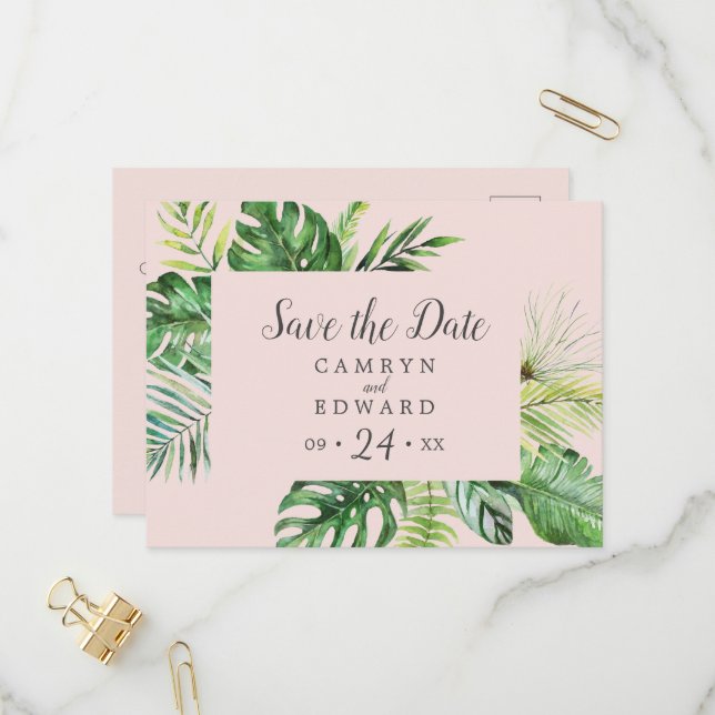 Invitación Palm Tropical Salvaje | Rubor Guardar la postal de (Anverso/Reverso In Situ)